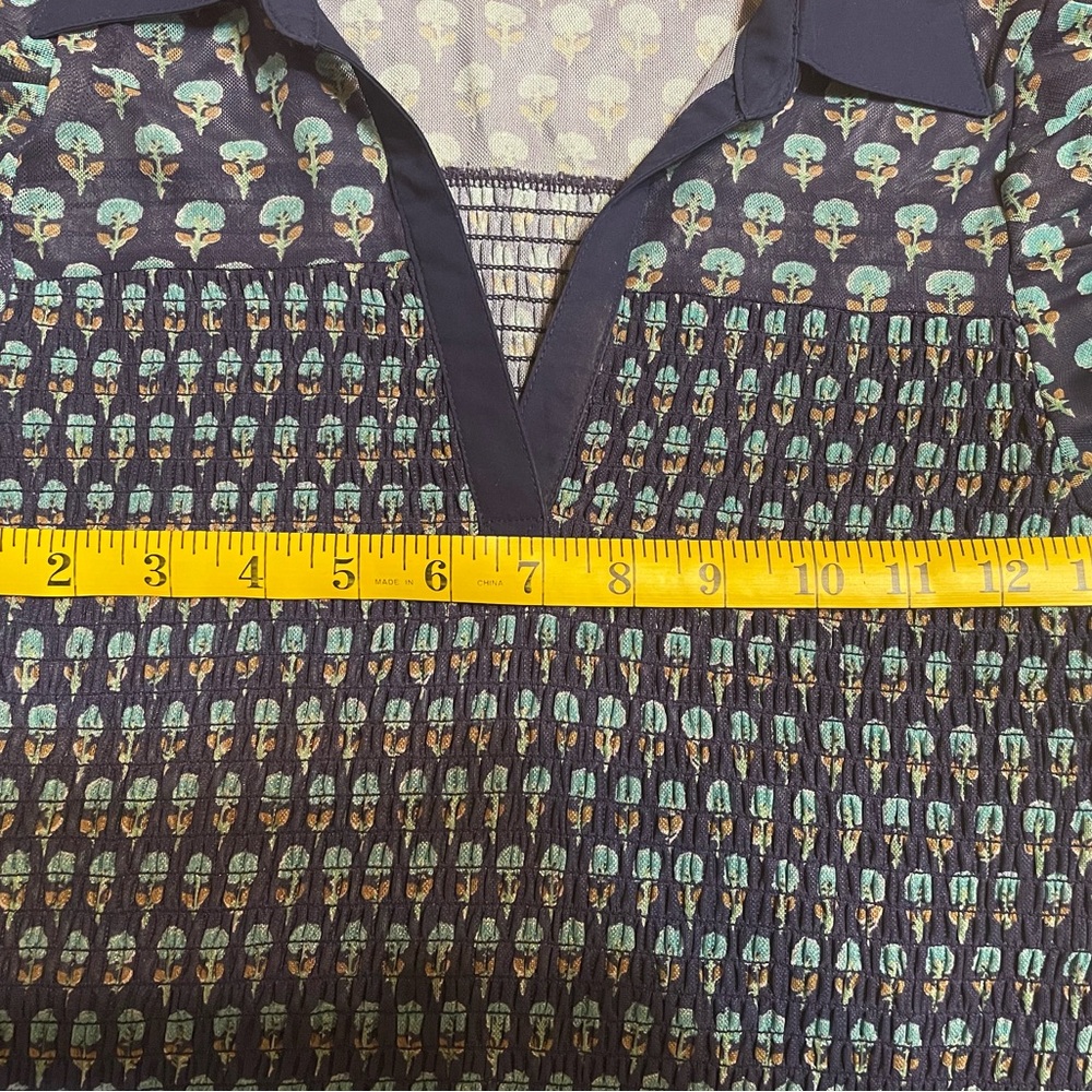Maeve Blue Patterned Blouse with sheer sleeves and smocked waist. Small - Picture 5 of 5